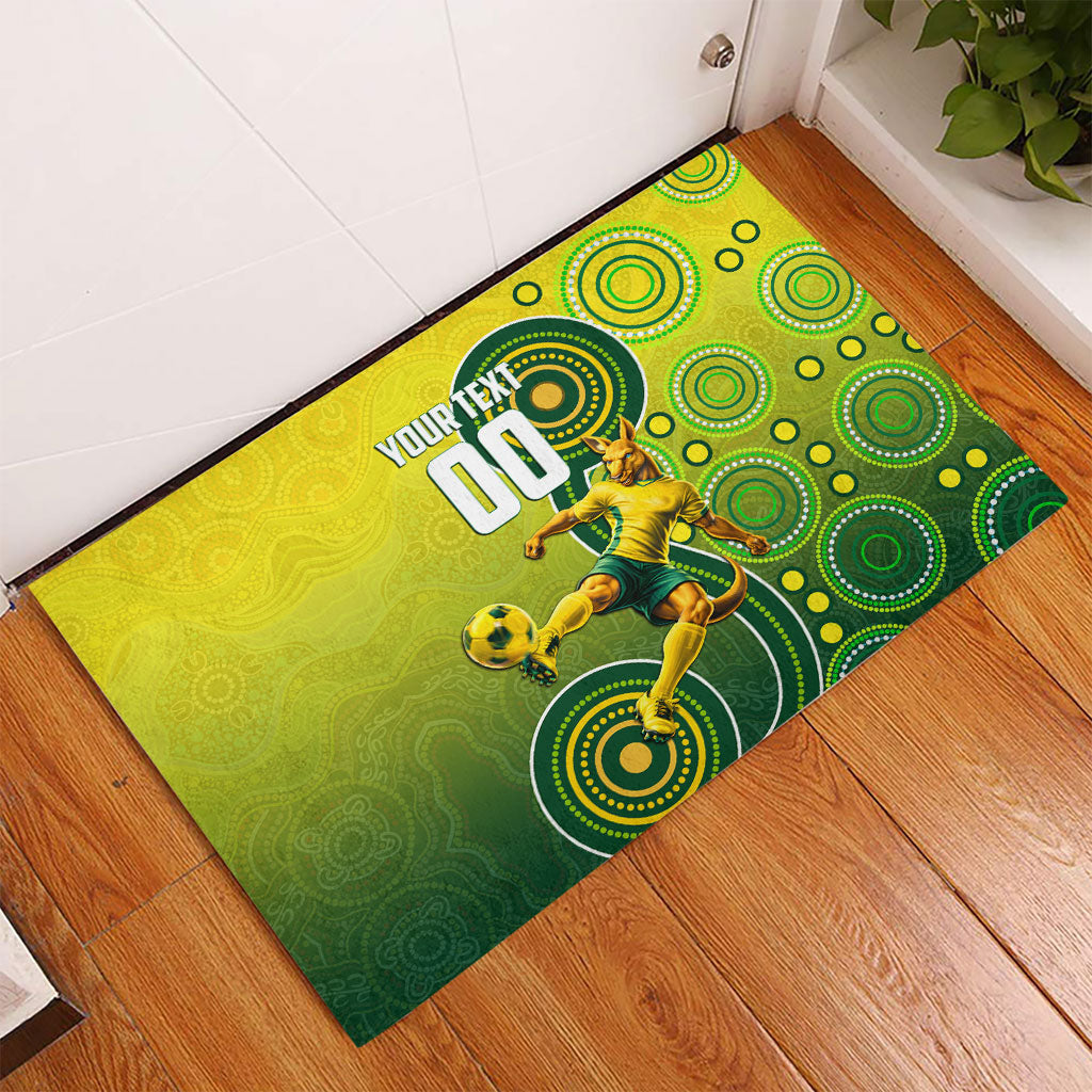 Personalized Australian Soccer Kangaroo Rubber Doormat Aboriginal Dot Pattern Green Gold Football Player