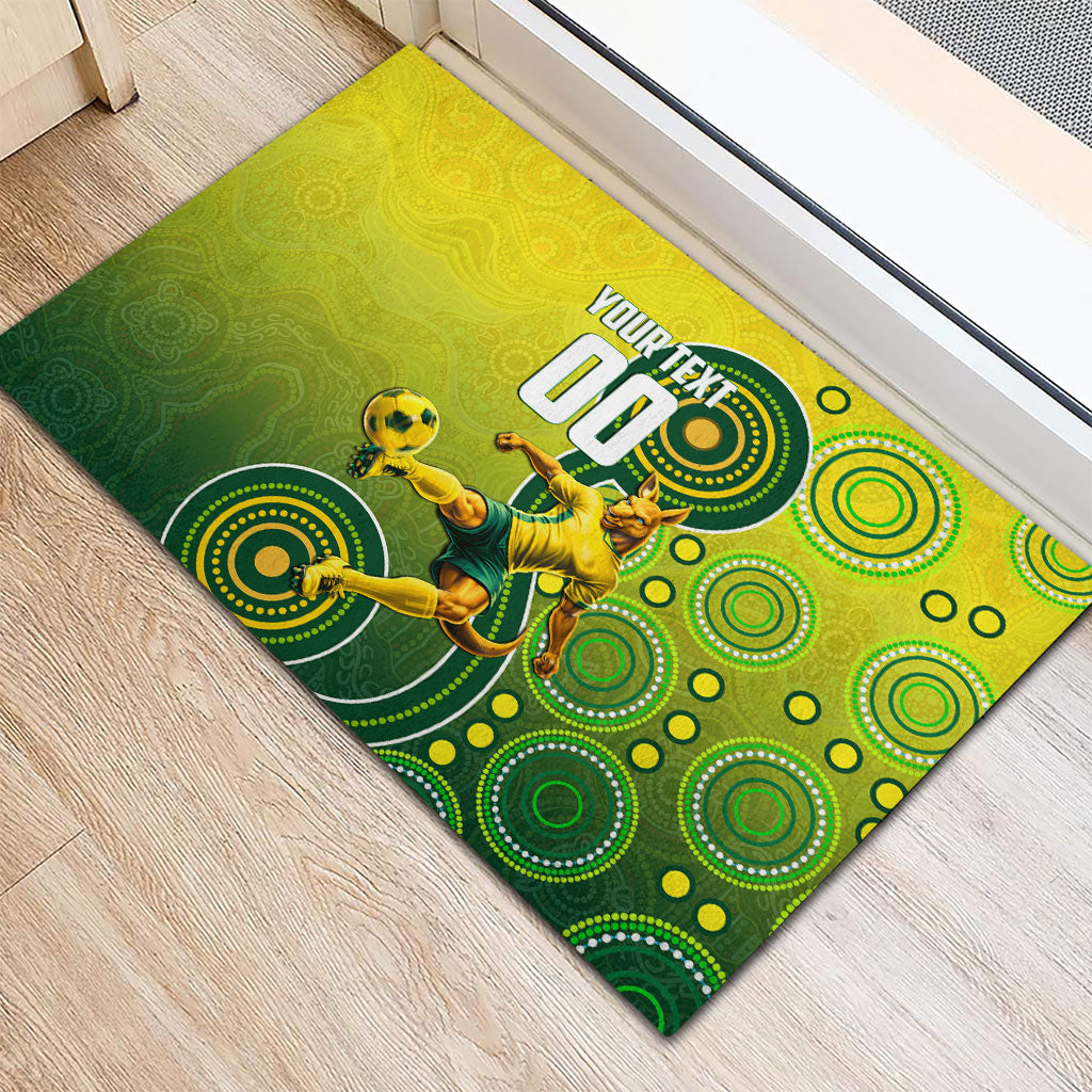 Personalized Australian Soccer Kangaroo Rubber Doormat Aboriginal Dot Pattern Green Gold Football Player