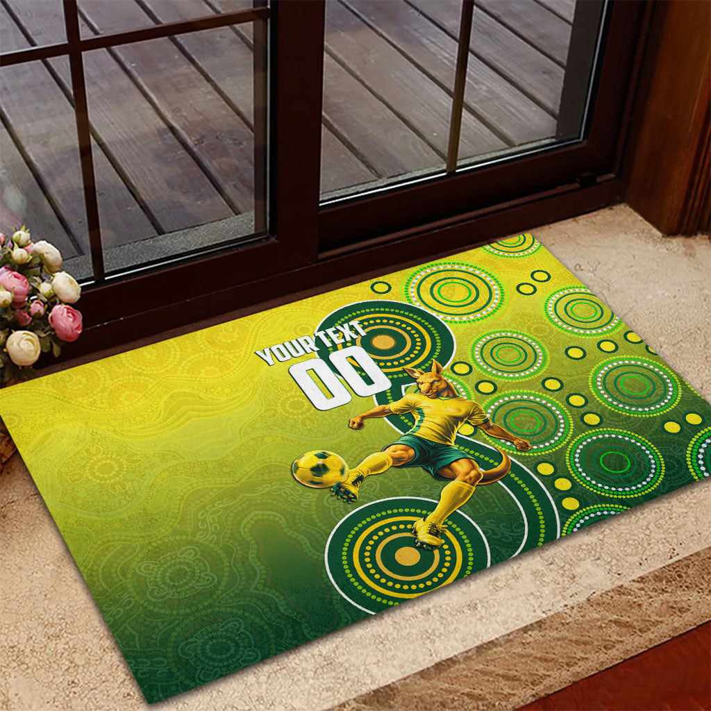 Personalized Australian Soccer Kangaroo Rubber Doormat Aboriginal Dot Pattern Green Gold Football Player