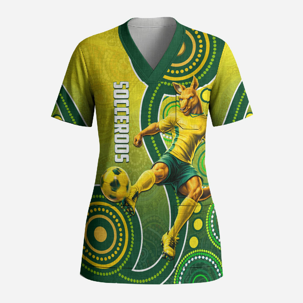 Personalized Australian Soccer Kangaroo Scrub Top Aboriginal Dot Pattern Green Gold Football Player