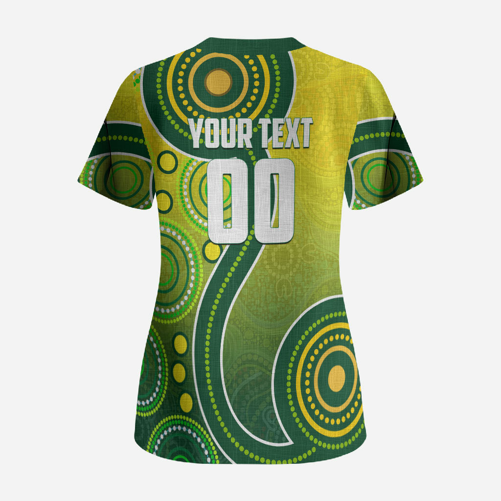 Personalized Australian Soccer Kangaroo Scrub Top Aboriginal Dot Pattern Green Gold Football Player