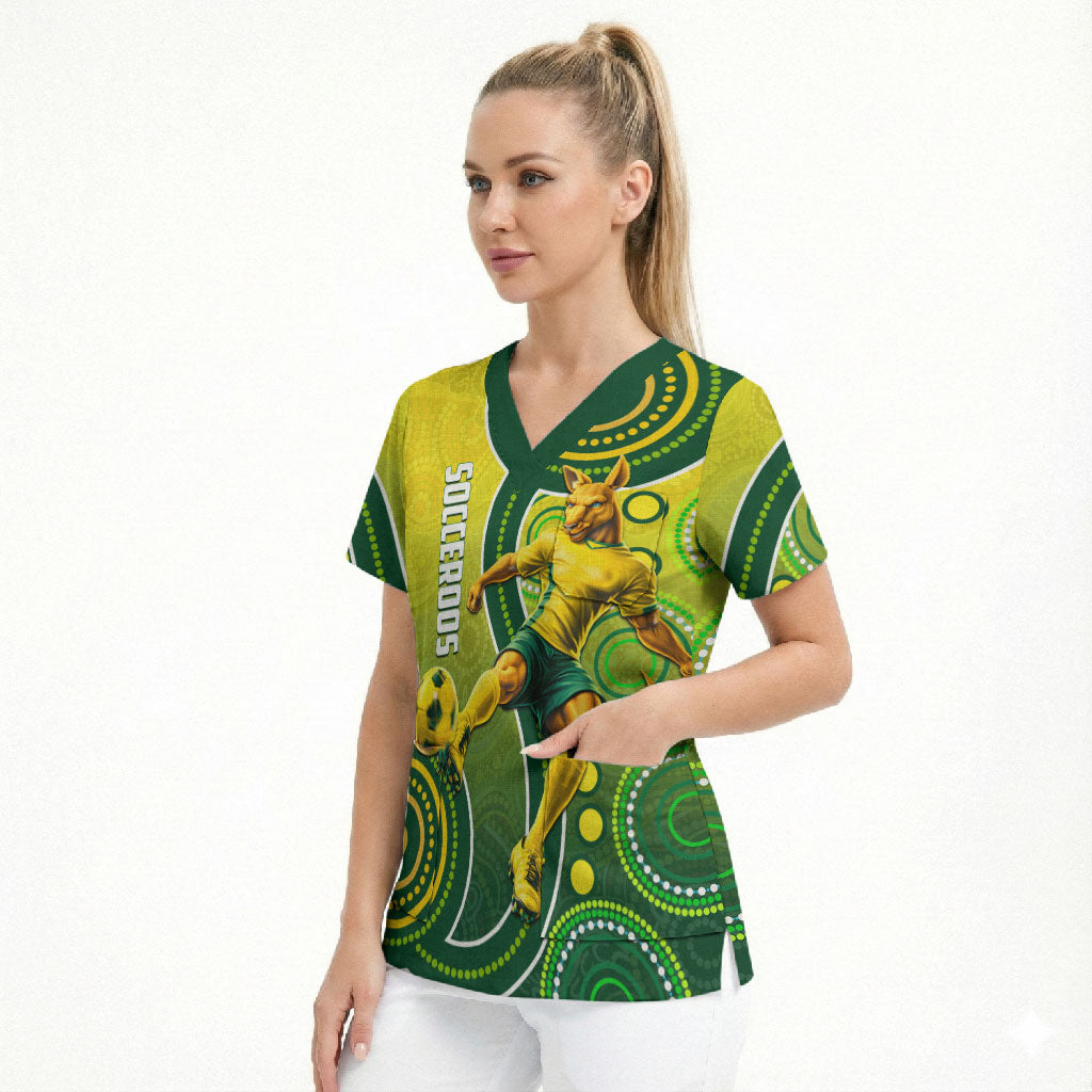 Personalized Australian Soccer Kangaroo Scrub Top Aboriginal Dot Pattern Green Gold Football Player