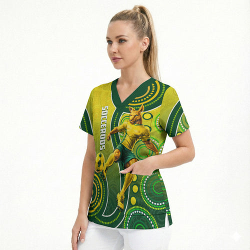 Personalized Australian Soccer Kangaroo Scrub Top Aboriginal Dot Pattern Green Gold Football Player