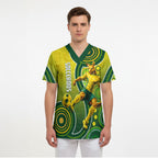 Personalized Australian Soccer Kangaroo Scrub Top Aboriginal Dot Pattern Green Gold Football Player