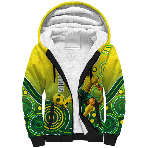 Personalized Australian Soccer Kangaroo Sherpa Hoodie Aboriginal Dot Pattern Green Gold Football Player