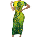 Personalized Australian Soccer Kangaroo Short Sleeve Bodycon Dress Aboriginal Dot Pattern Green Gold Football Player