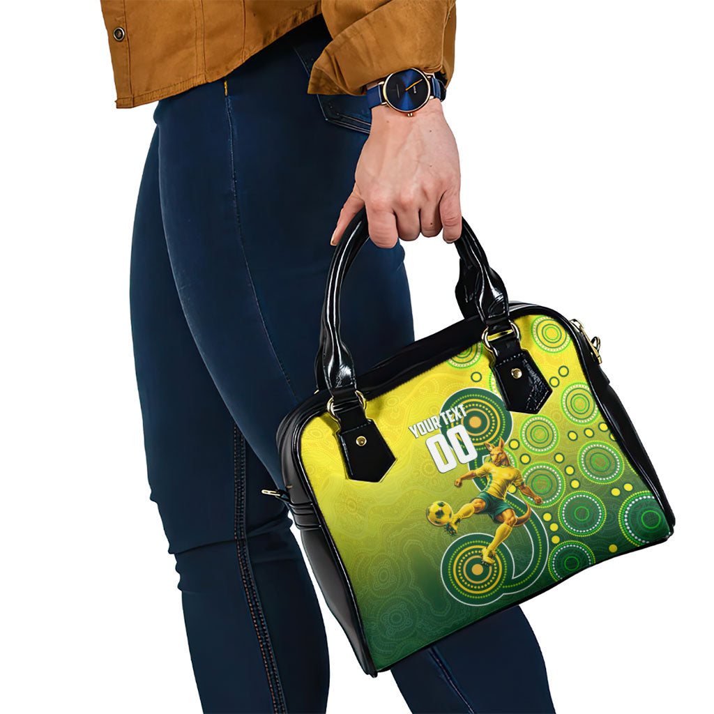 Personalized Australian Soccer Kangaroo Shoulder Handbag Aboriginal Dot Pattern Green Gold Football Player