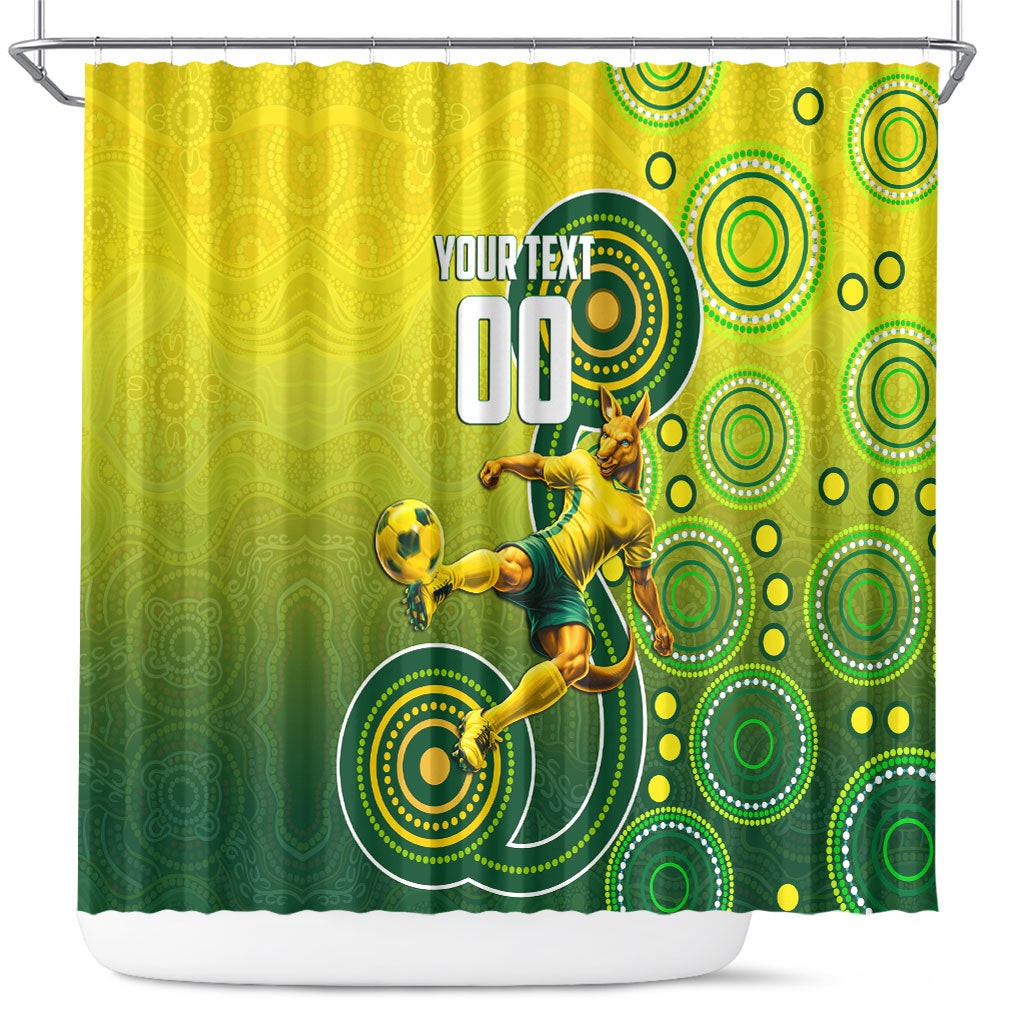 Personalized Australian Soccer Kangaroo Shower Curtain Aboriginal Dot Pattern Green Gold Football Player