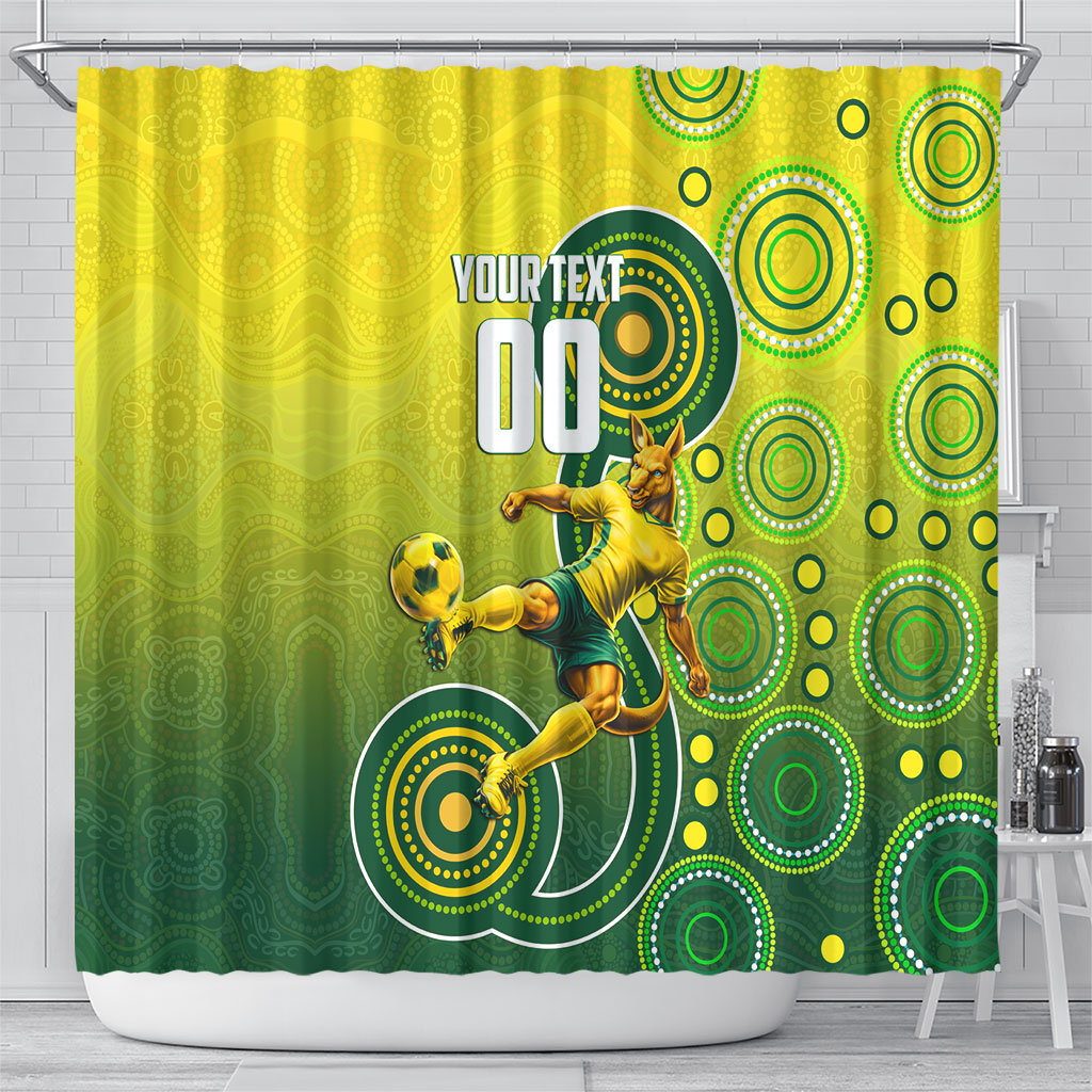 Personalized Australian Soccer Kangaroo Shower Curtain Aboriginal Dot Pattern Green Gold Football Player