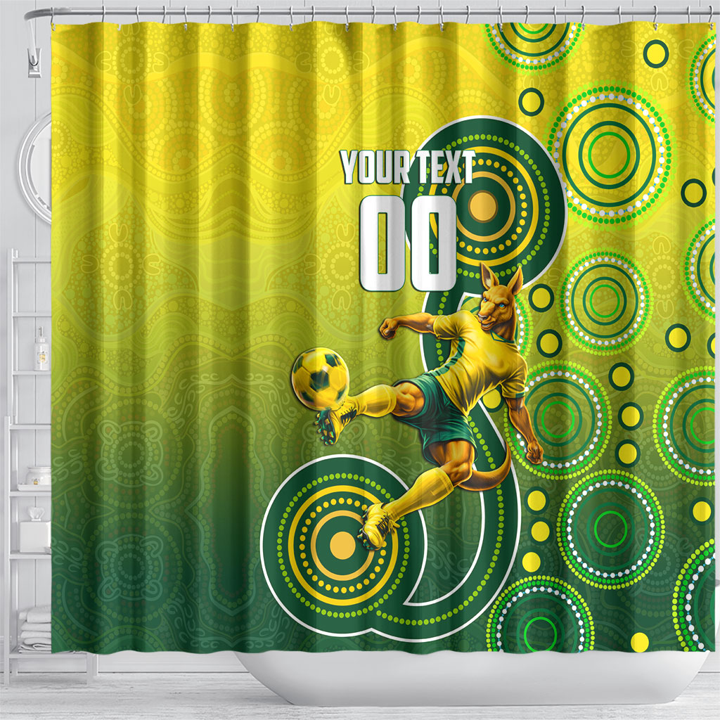 Personalized Australian Soccer Kangaroo Shower Curtain Aboriginal Dot Pattern Green Gold Football Player
