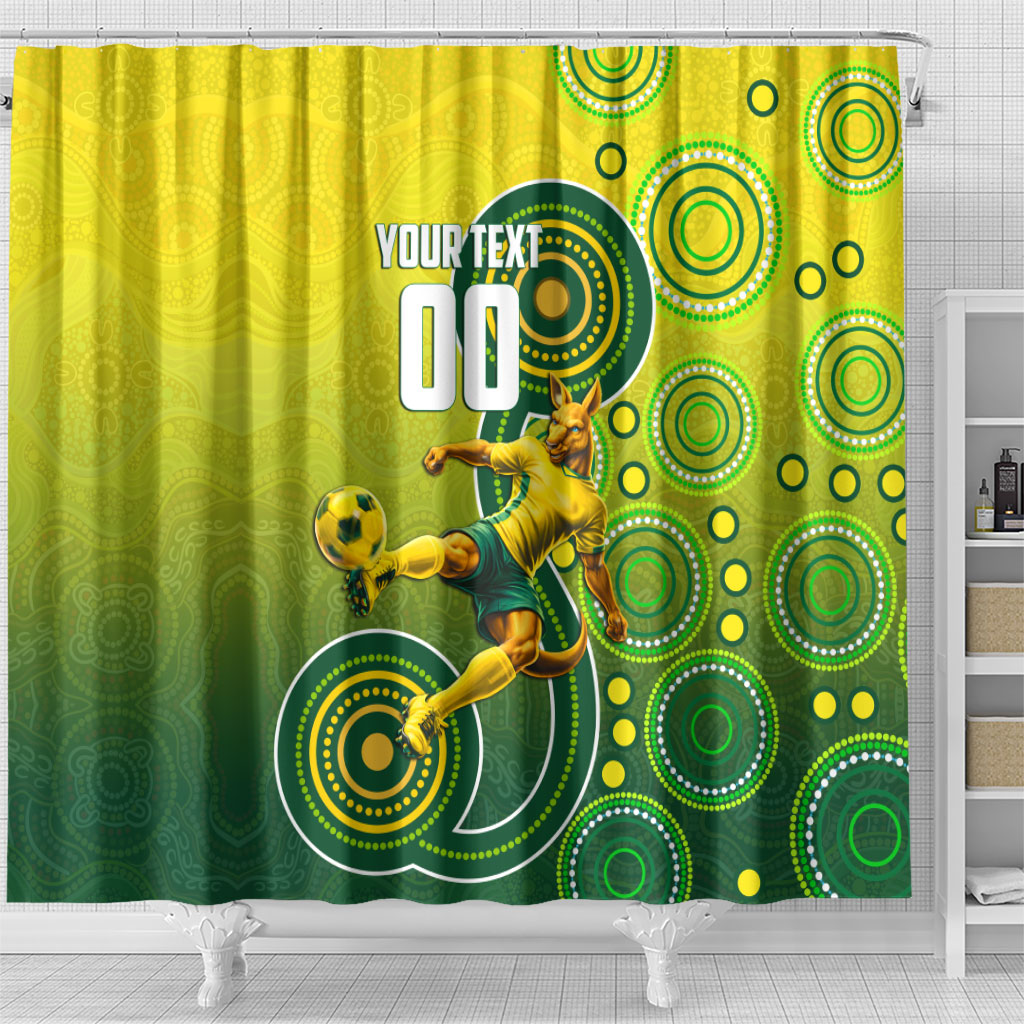 Personalized Australian Soccer Kangaroo Shower Curtain Aboriginal Dot Pattern Green Gold Football Player