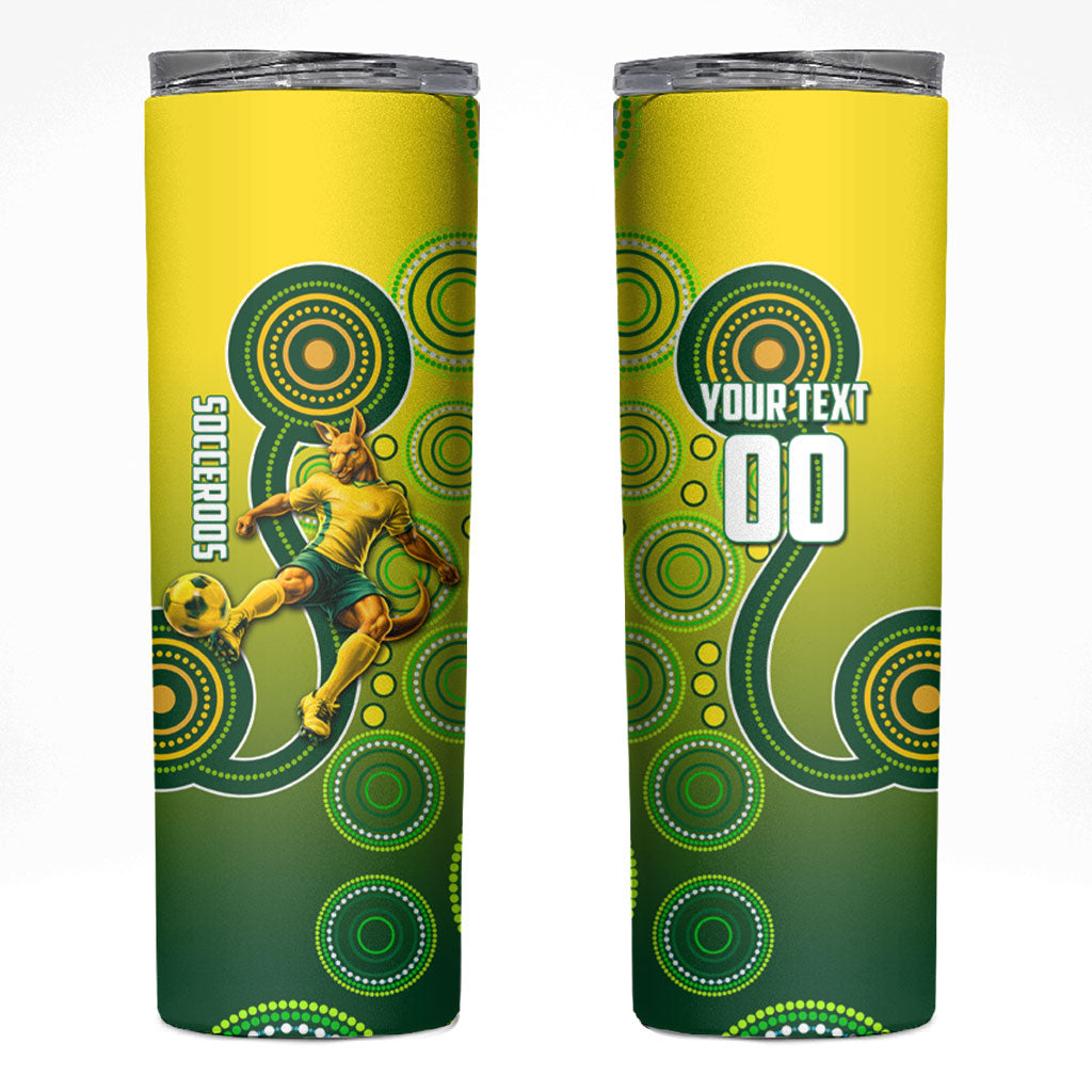 Personalized Australian Soccer Kangaroo Skinny Tumbler Aboriginal Dot Pattern Green Gold Football Player