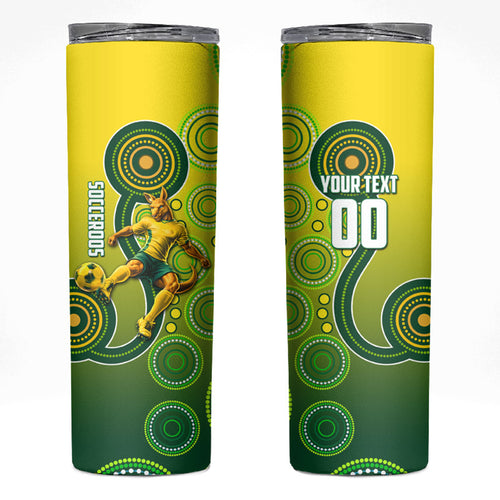 Personalized Australian Soccer Kangaroo Skinny Tumbler Aboriginal Dot Pattern Green Gold Football Player