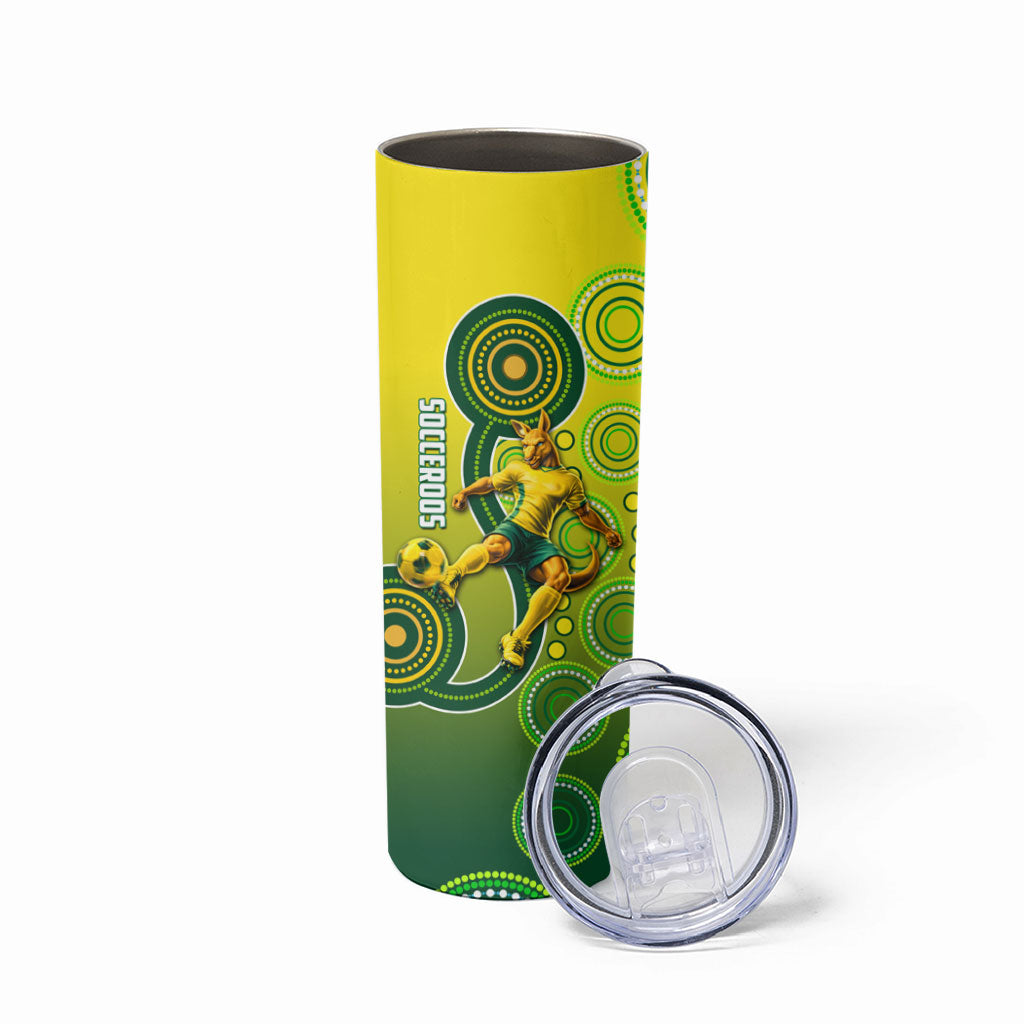 Personalized Australian Soccer Kangaroo Skinny Tumbler Aboriginal Dot Pattern Green Gold Football Player