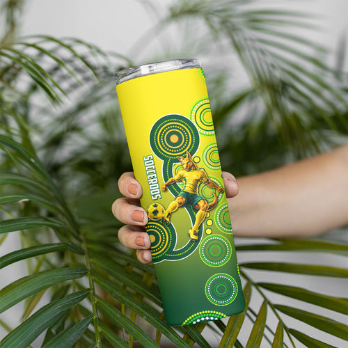 Personalized Australian Soccer Kangaroo Skinny Tumbler Aboriginal Dot Pattern Green Gold Football Player