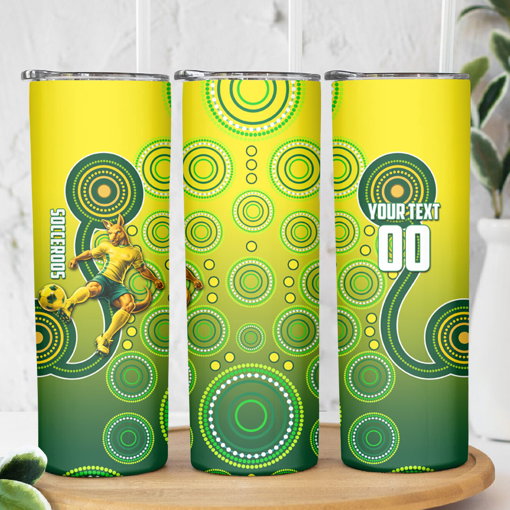 Personalized Australian Soccer Kangaroo Skinny Tumbler Aboriginal Dot Pattern Green Gold Football Player
