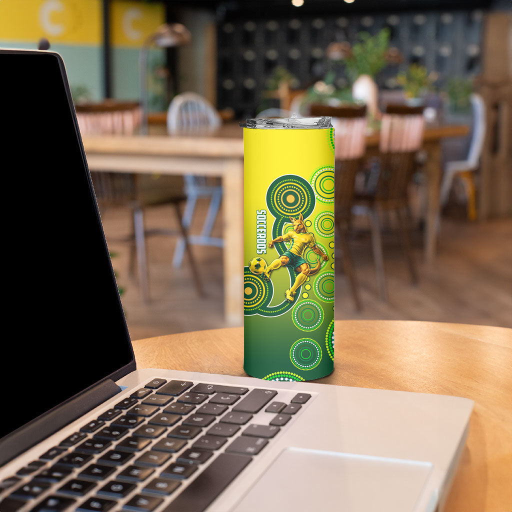 Personalized Australian Soccer Kangaroo Skinny Tumbler Aboriginal Dot Pattern Green Gold Football Player