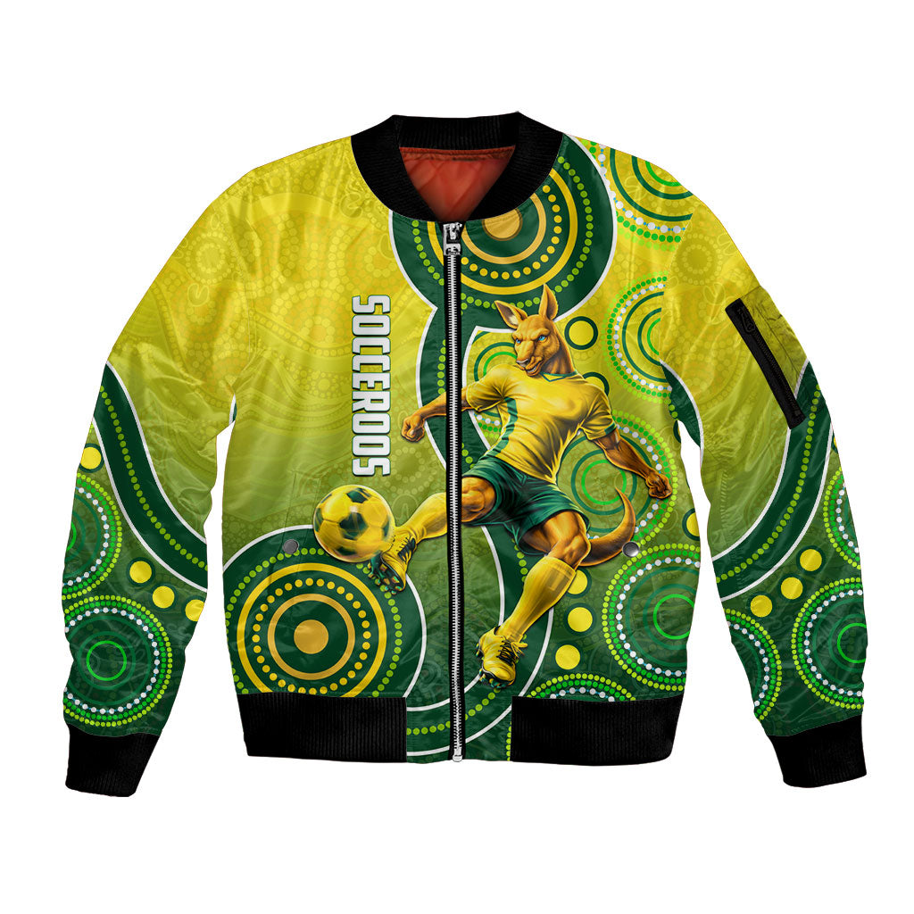 Personalized Australian Soccer Kangaroo Sleeve Zip Bomber Jacket Aboriginal Dot Pattern Green Gold Football Player