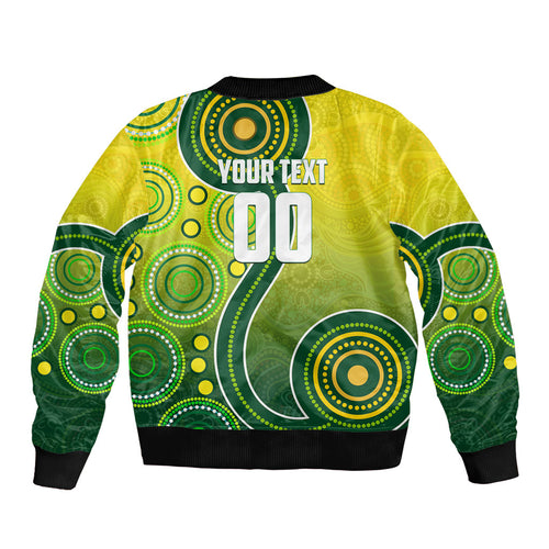 Personalized Australian Soccer Kangaroo Sleeve Zip Bomber Jacket Aboriginal Dot Pattern Green Gold Football Player