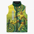 Personalized Australian Soccer Kangaroo Sleeveless Puffer Jacket Aboriginal Dot Pattern Green Gold Football Player