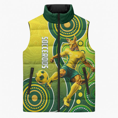 Personalized Australian Soccer Kangaroo Sleeveless Puffer Jacket Aboriginal Dot Pattern Green Gold Football Player