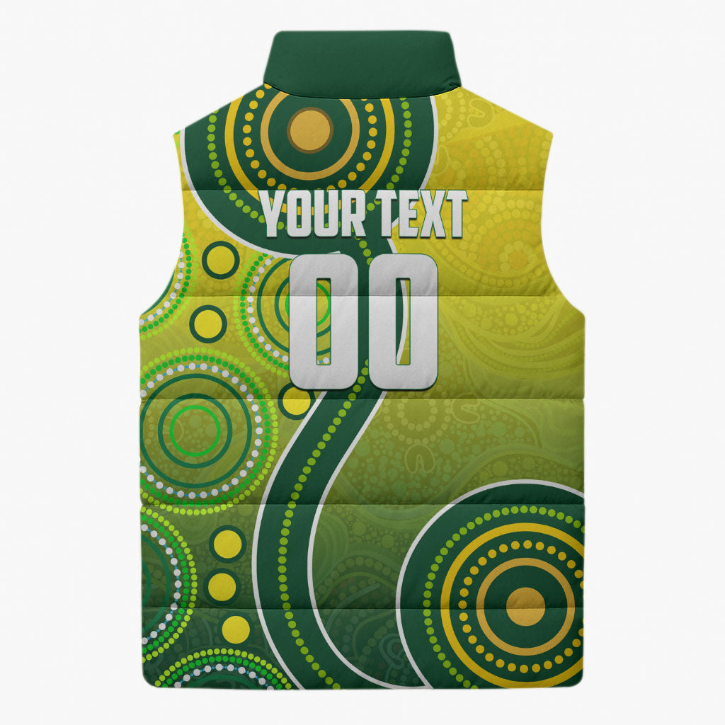 Personalized Australian Soccer Kangaroo Sleeveless Puffer Jacket Aboriginal Dot Pattern Green Gold Football Player