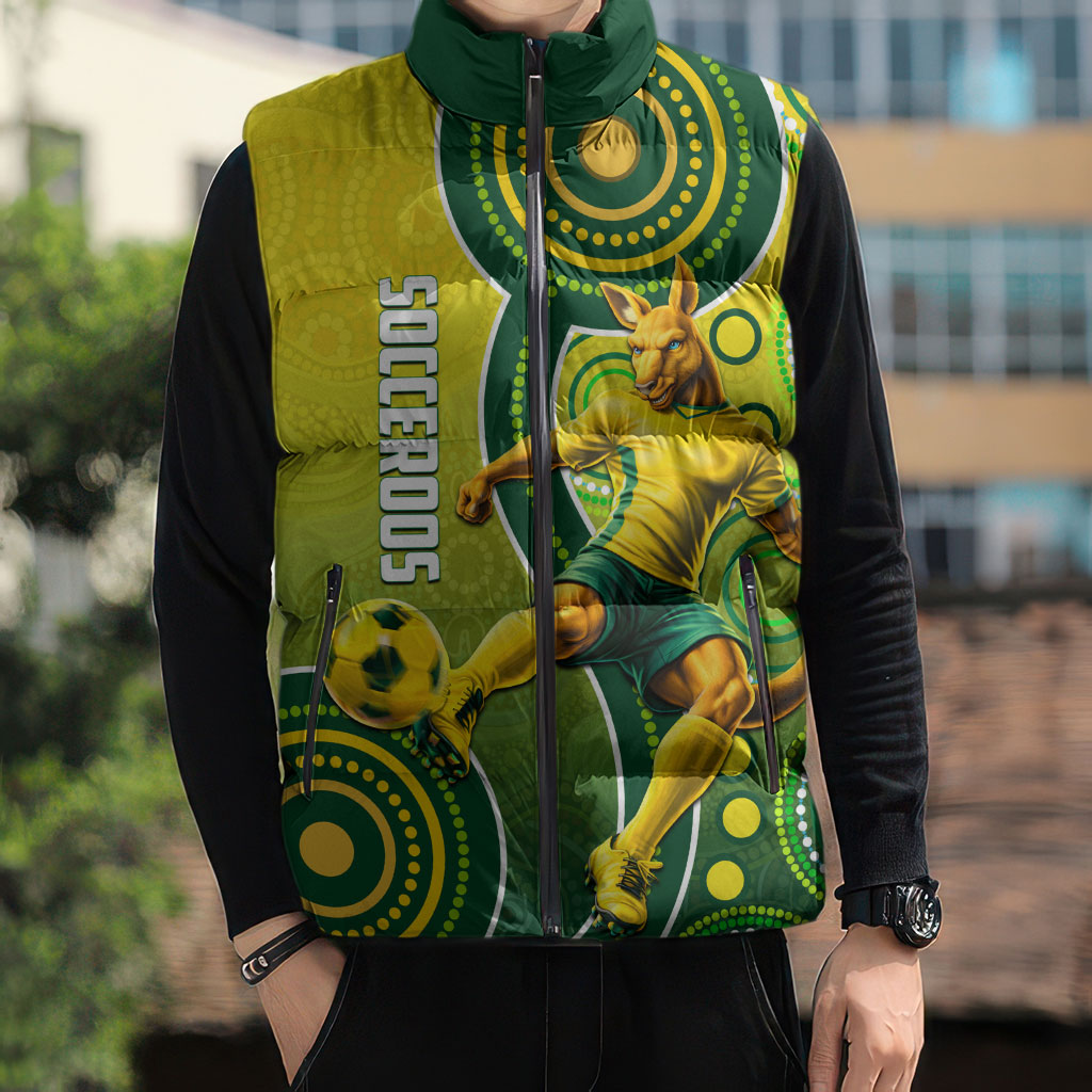 Personalized Australian Soccer Kangaroo Sleeveless Puffer Jacket Aboriginal Dot Pattern Green Gold Football Player