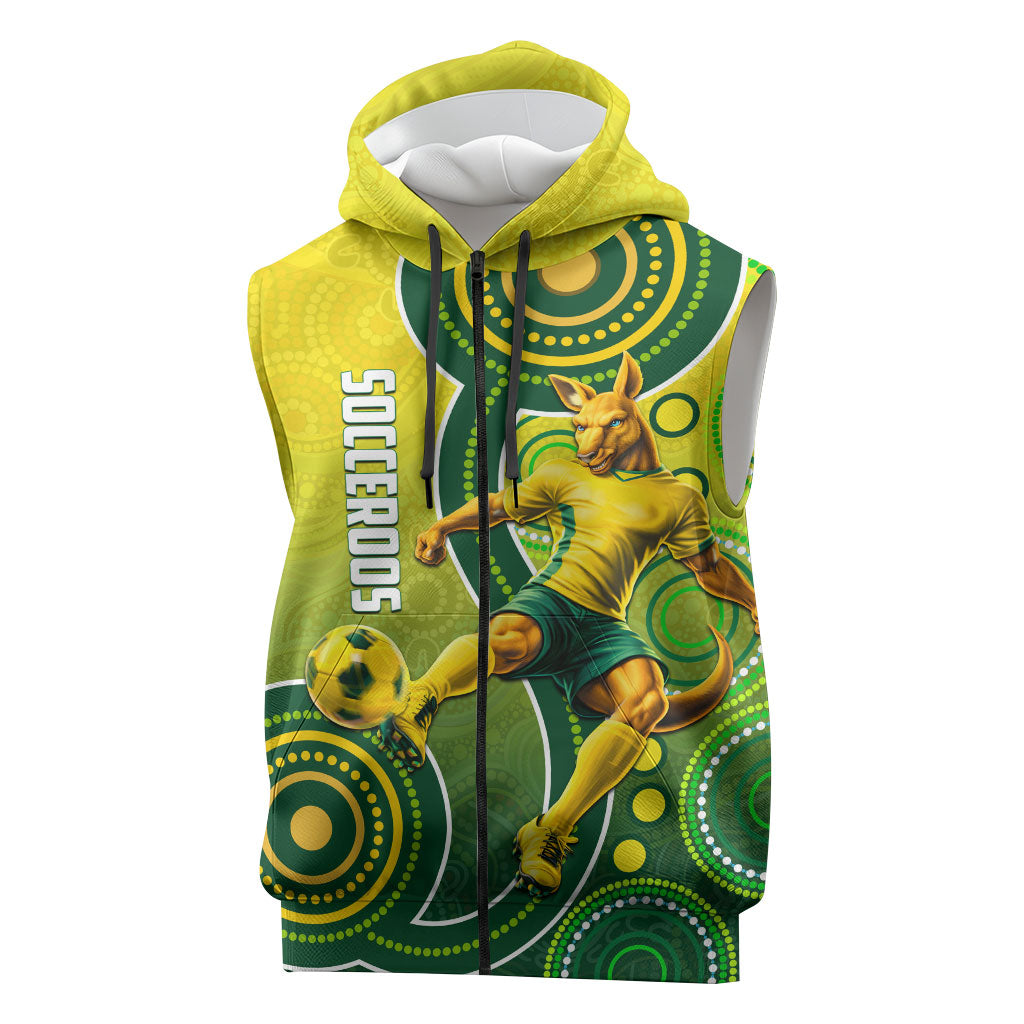 Personalized Australian Soccer Kangaroo Sleeveless Zip Hoodie Aboriginal Dot Pattern Green Gold Football Player