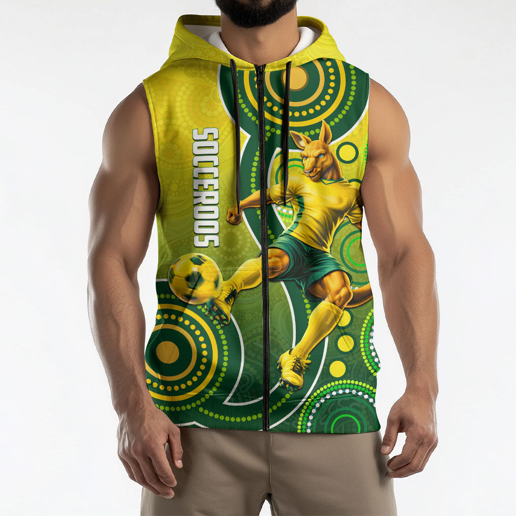 Personalized Australian Soccer Kangaroo Sleeveless Zip Hoodie Aboriginal Dot Pattern Green Gold Football Player