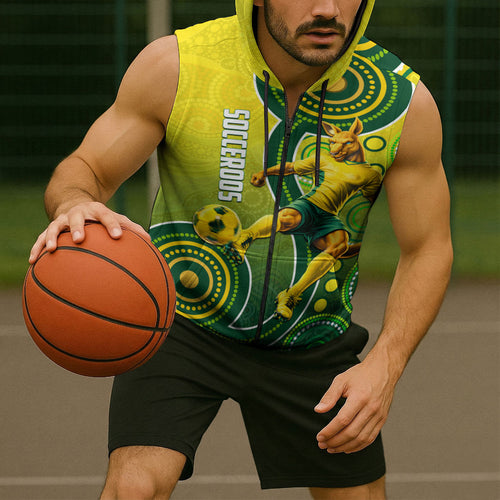 Personalized Australian Soccer Kangaroo Sleeveless Zip Hoodie Aboriginal Dot Pattern Green Gold Football Player