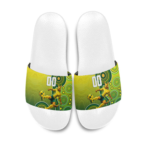 Personalized Australian Soccer Kangaroo Slide Sandals Aboriginal Dot Pattern Green Gold Football Player