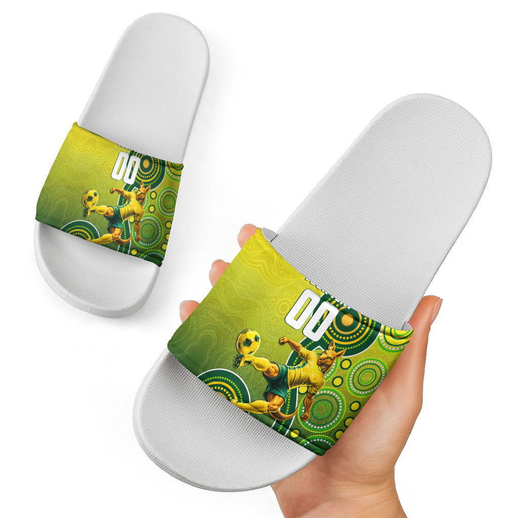 Personalized Australian Soccer Kangaroo Slide Sandals Aboriginal Dot Pattern Green Gold Football Player