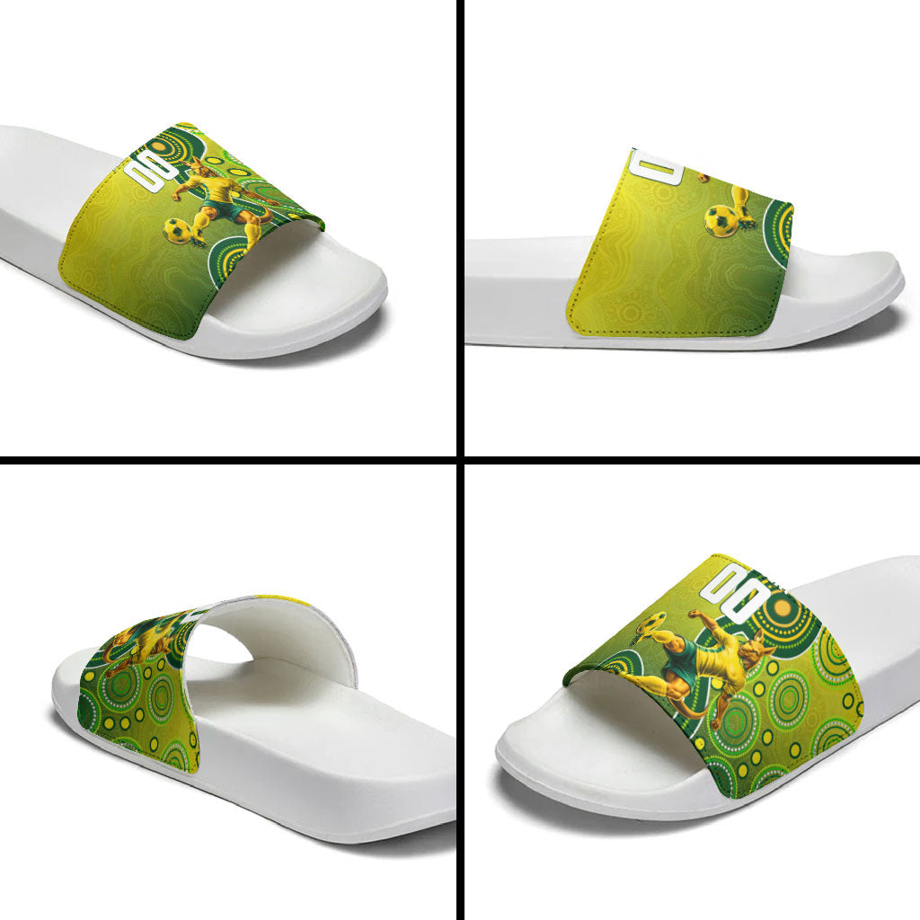 Personalized Australian Soccer Kangaroo Slide Sandals Aboriginal Dot Pattern Green Gold Football Player