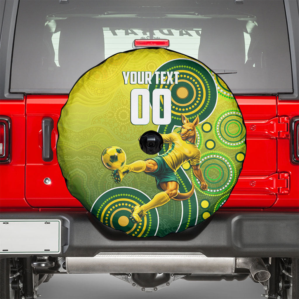 Personalized Australian Soccer Kangaroo Spare Tire Cover Aboriginal Dot Pattern Green Gold Football Player