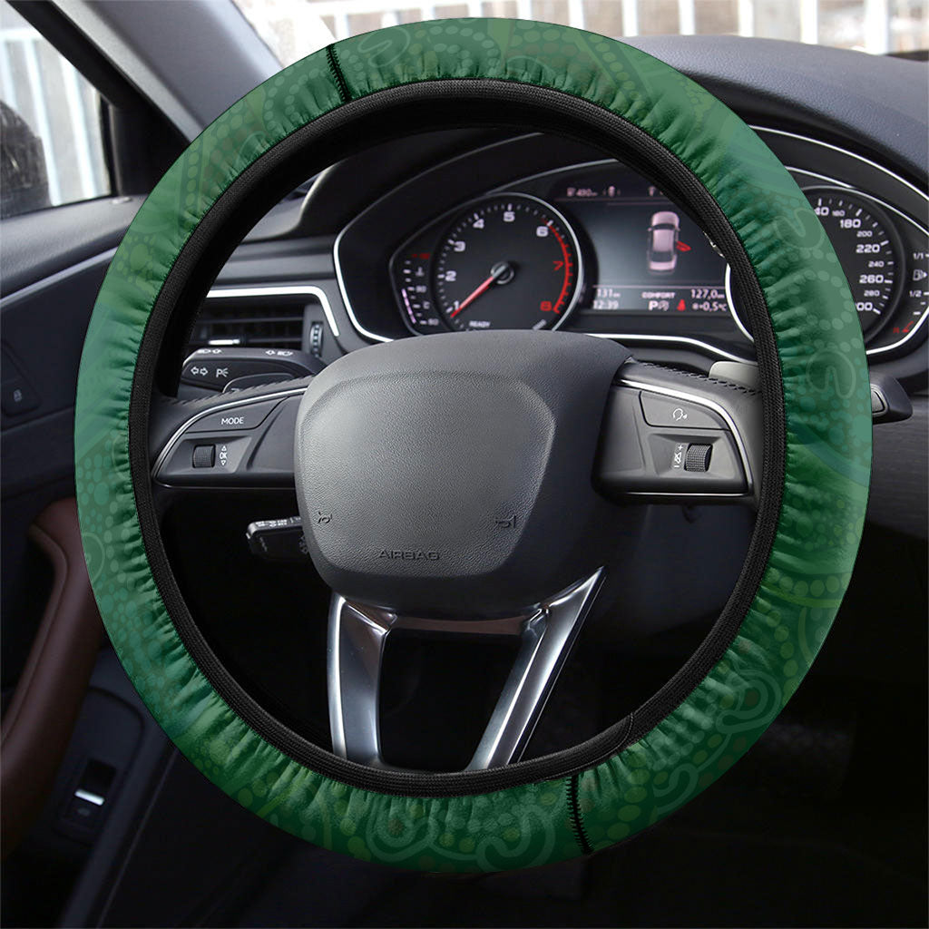 Australian Soccer Kangaroo Steering Wheel Cover Aboriginal Dot Pattern Green Gold Football Player