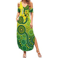 Personalized Australian Soccer Kangaroo Summer Maxi Dress Aboriginal Dot Pattern Green Gold Football Player