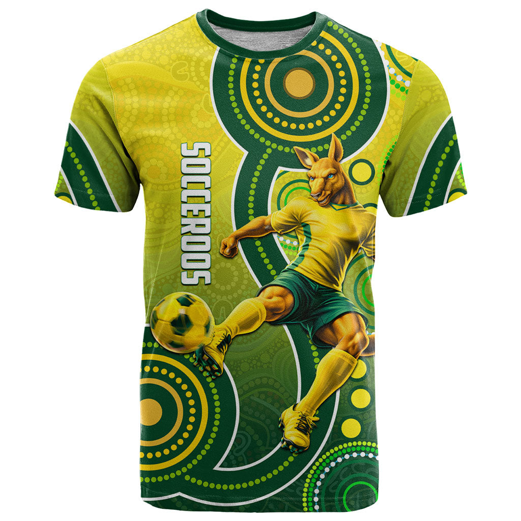 Personalized Australian Soccer Kangaroo T Shirt Aboriginal Dot Pattern Green Gold Football Player