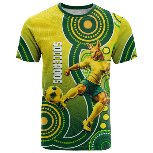 Personalized Australian Soccer Kangaroo T Shirt Aboriginal Dot Pattern Green Gold Football Player