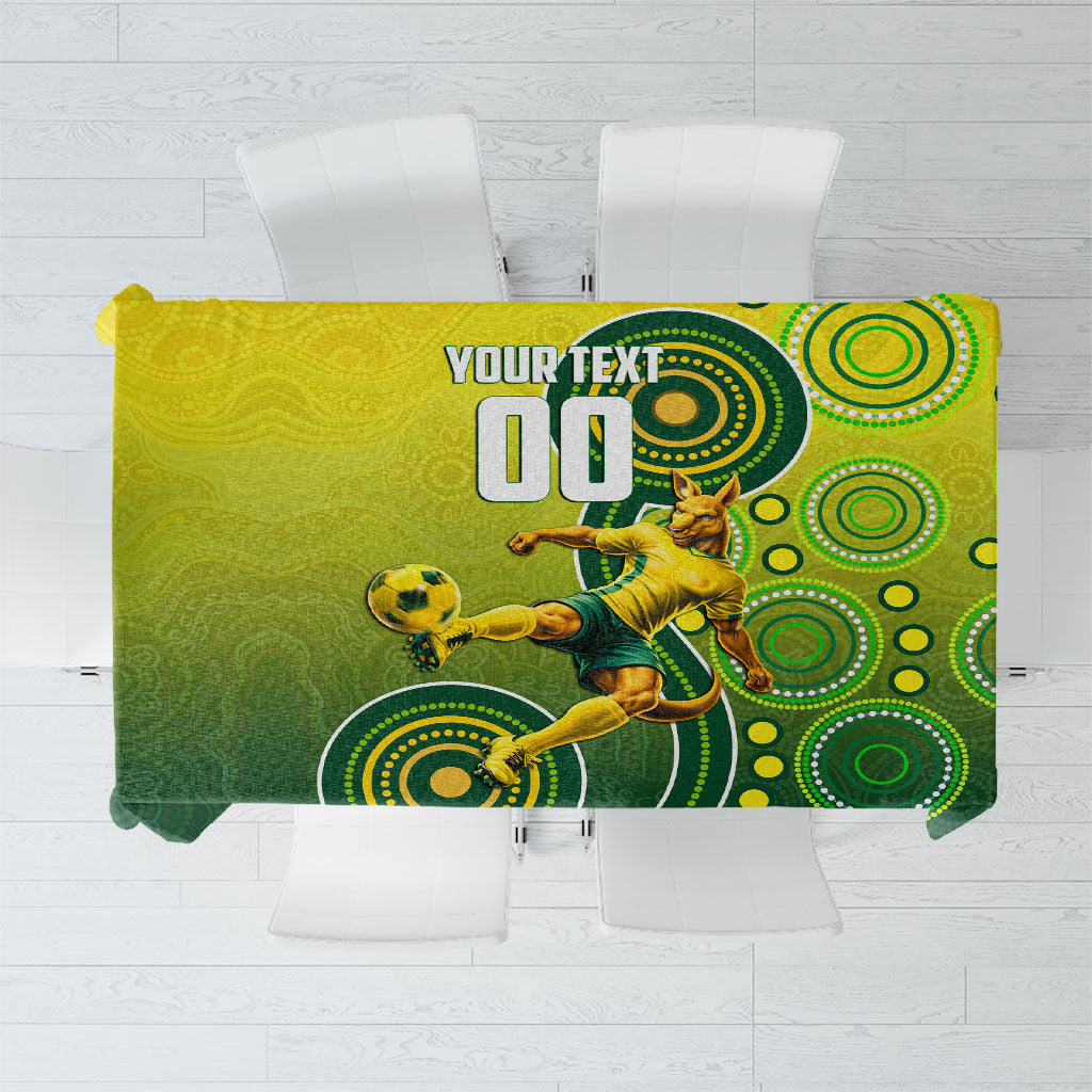 Personalized Australian Soccer Kangaroo Tablecloth Aboriginal Dot Pattern Green Gold Football Player