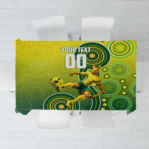Personalized Australian Soccer Kangaroo Tablecloth Aboriginal Dot Pattern Green Gold Football Player