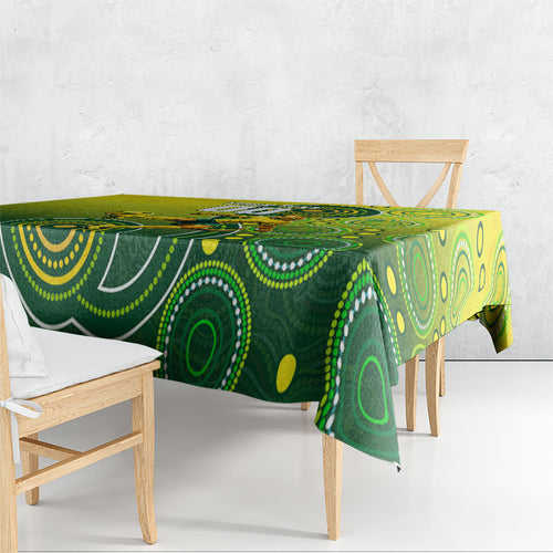 Personalized Australian Soccer Kangaroo Tablecloth Aboriginal Dot Pattern Green Gold Football Player