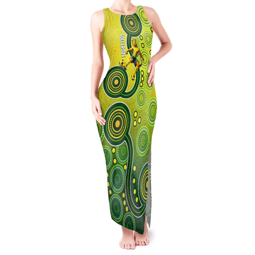 Personalized Australian Soccer Kangaroo Tank Maxi Dress Aboriginal Dot Pattern Green Gold Football Player