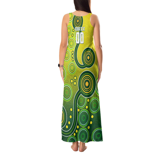Personalized Australian Soccer Kangaroo Tank Maxi Dress Aboriginal Dot Pattern Green Gold Football Player