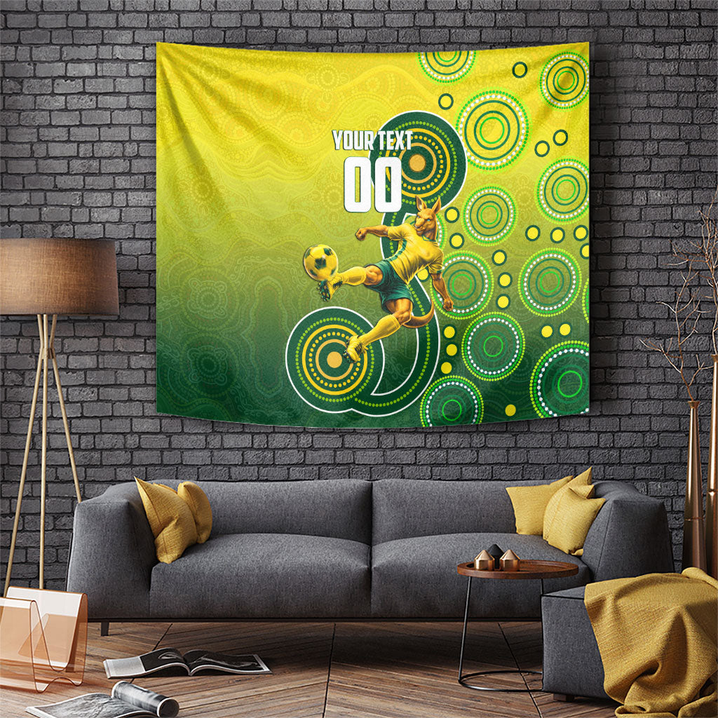 Personalized Australian Soccer Kangaroo Tapestry Aboriginal Dot Pattern Green Gold Football Player