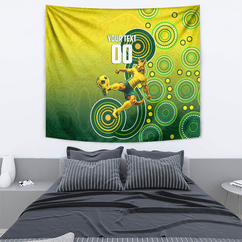 Personalized Australian Soccer Kangaroo Tapestry Aboriginal Dot Pattern Green Gold Football Player