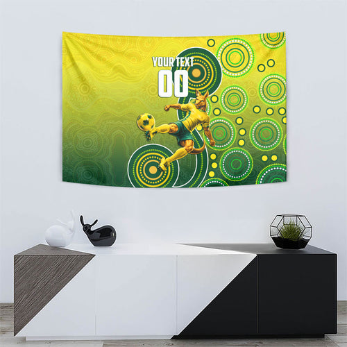 Personalized Australian Soccer Kangaroo Tapestry Aboriginal Dot Pattern Green Gold Football Player