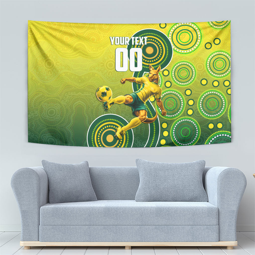 Personalized Australian Soccer Kangaroo Tapestry Aboriginal Dot Pattern Green Gold Football Player