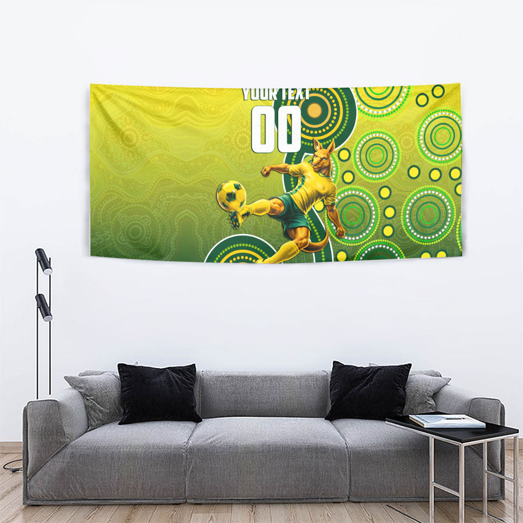 Personalized Australian Soccer Kangaroo Tapestry Aboriginal Dot Pattern Green Gold Football Player