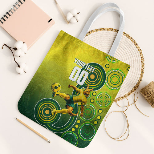 Personalized Australian Soccer Kangaroo Tote Bag Aboriginal Dot Pattern Green Gold Football Player