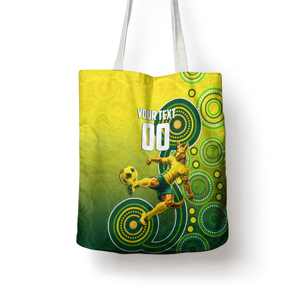 Personalized Australian Soccer Kangaroo Tote Bag Aboriginal Dot Pattern Green Gold Football Player
